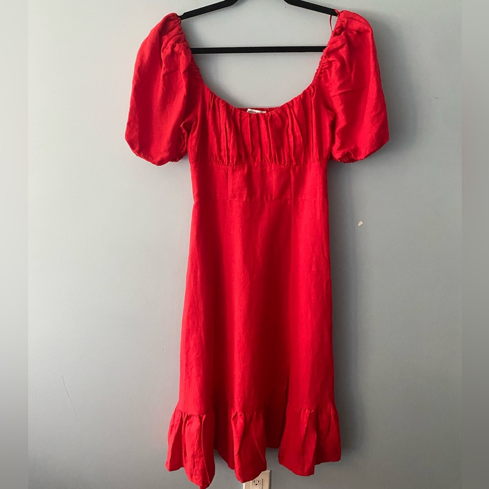 Red & Other Stories Puff Sleeve Cottage Core linen midi dress